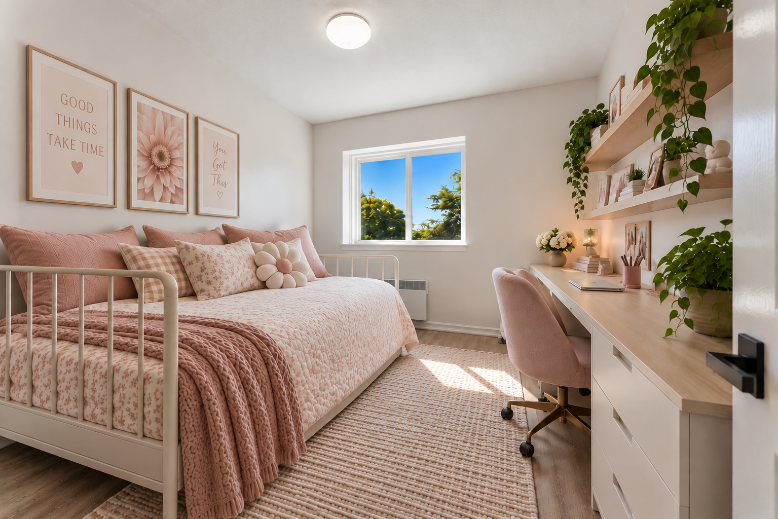 Virtually staged bedroom showing space for a bed and desk
