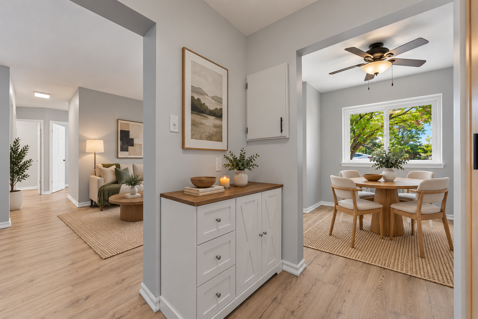 Kitchen cabinetry and dining area, virtually staged