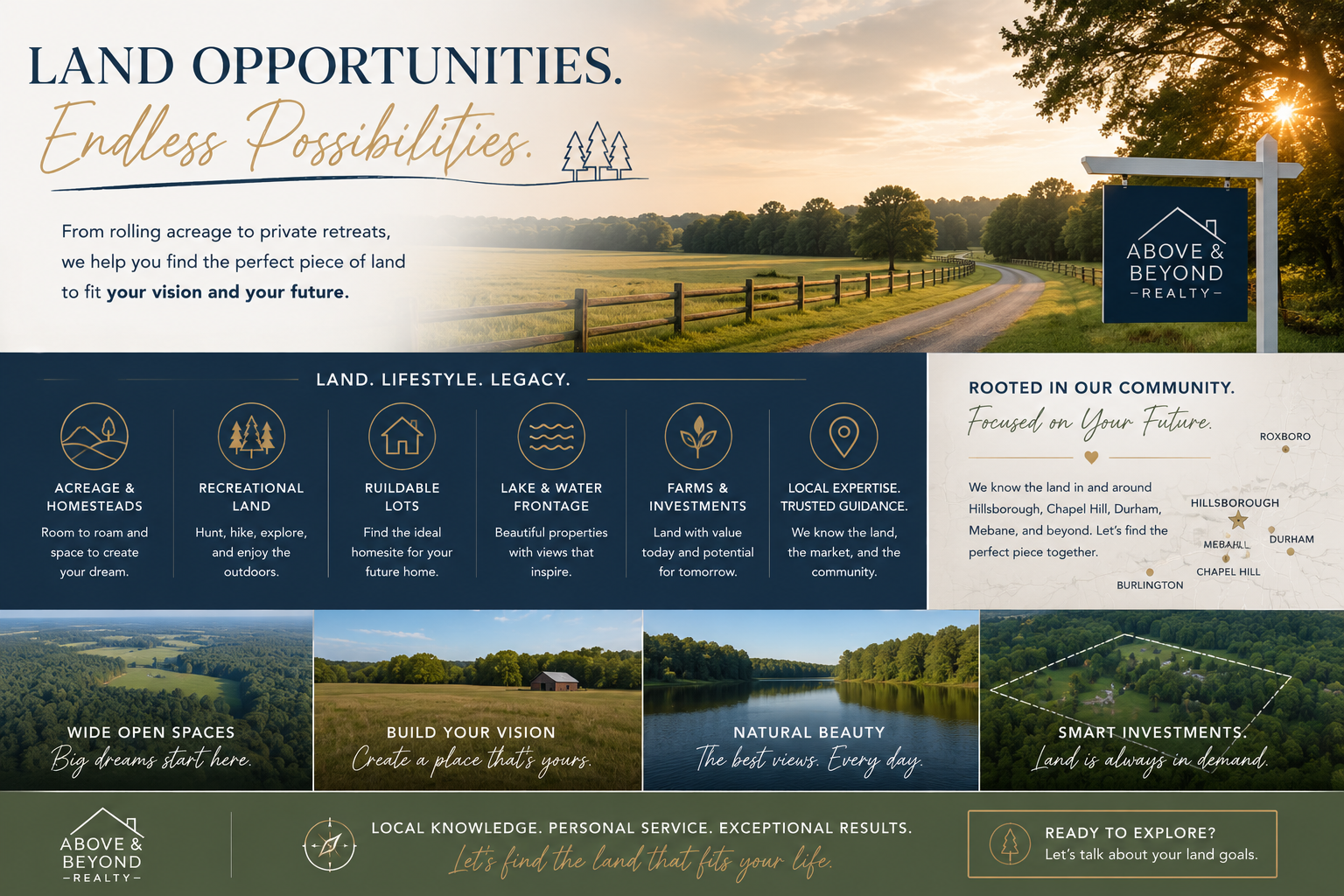 Explore land for sale in Hillsborough NC and the Triangle with Above & Beyond Realty. From acreage and homesteads to lake lots and future homesites, we help buyers and sellers navigate land transactions with confidence.