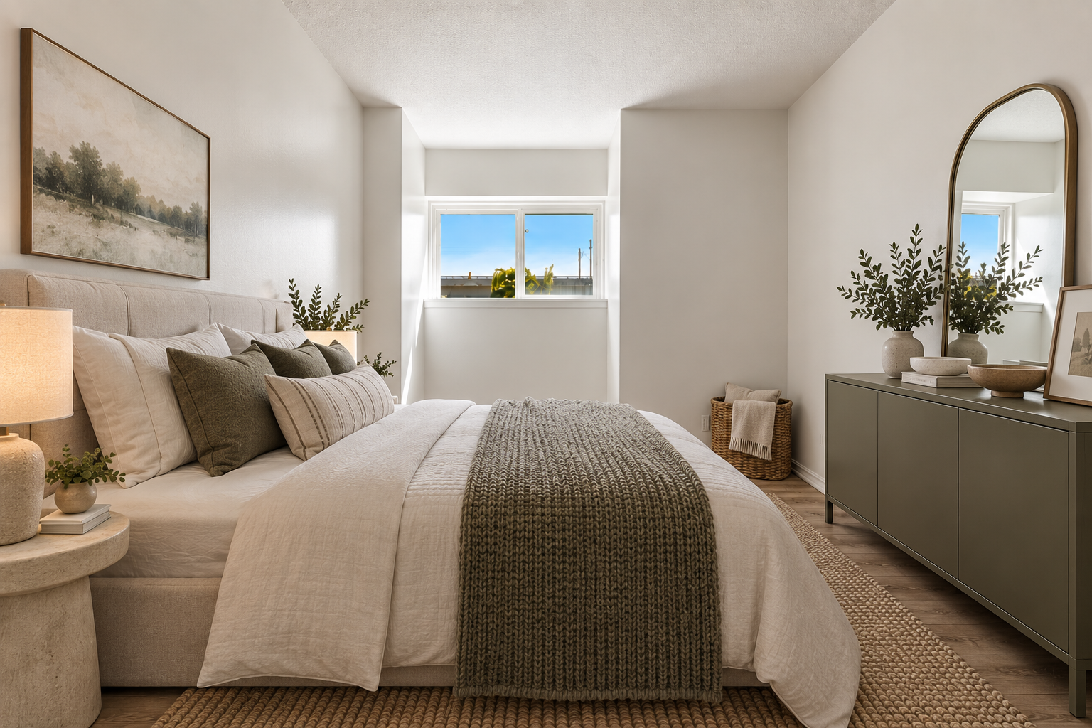 Bedroom with virtual staging showing a bed and desk