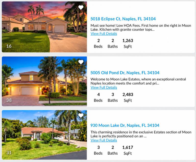 Moon Lake Naples homes for sale including Garden Homes and estate homes