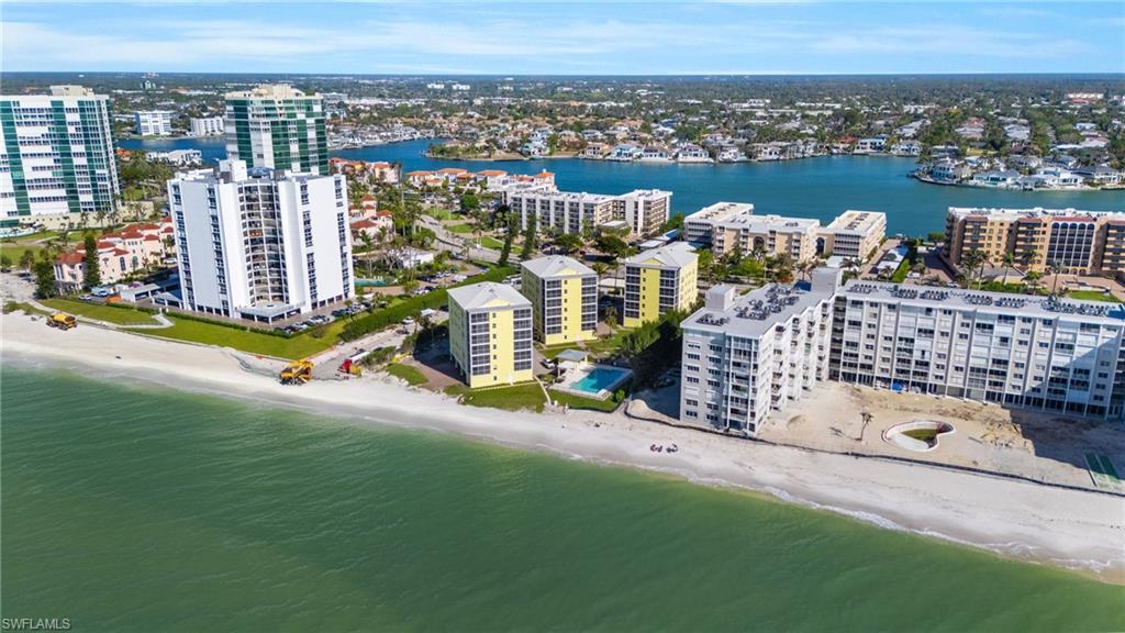 Aerial view of Saint Croix Club beachfront condos in The Moorings Naples Florida on Gulf Shore Boulevard