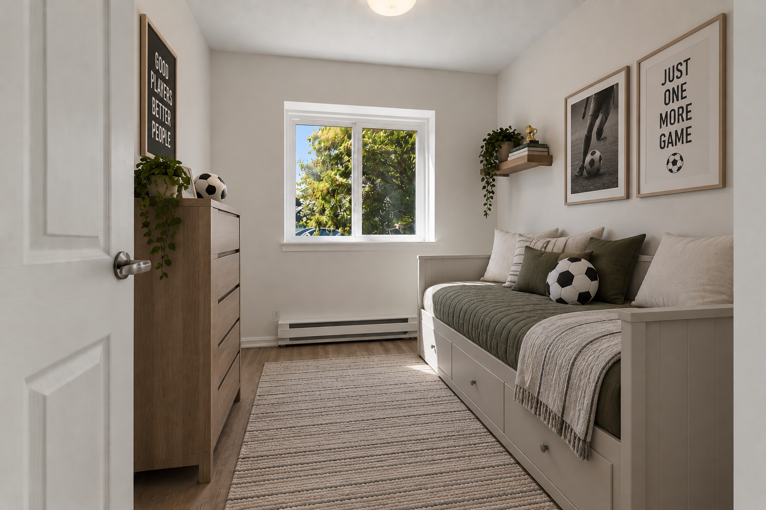 Bedroom with soccer-themed virtual staging