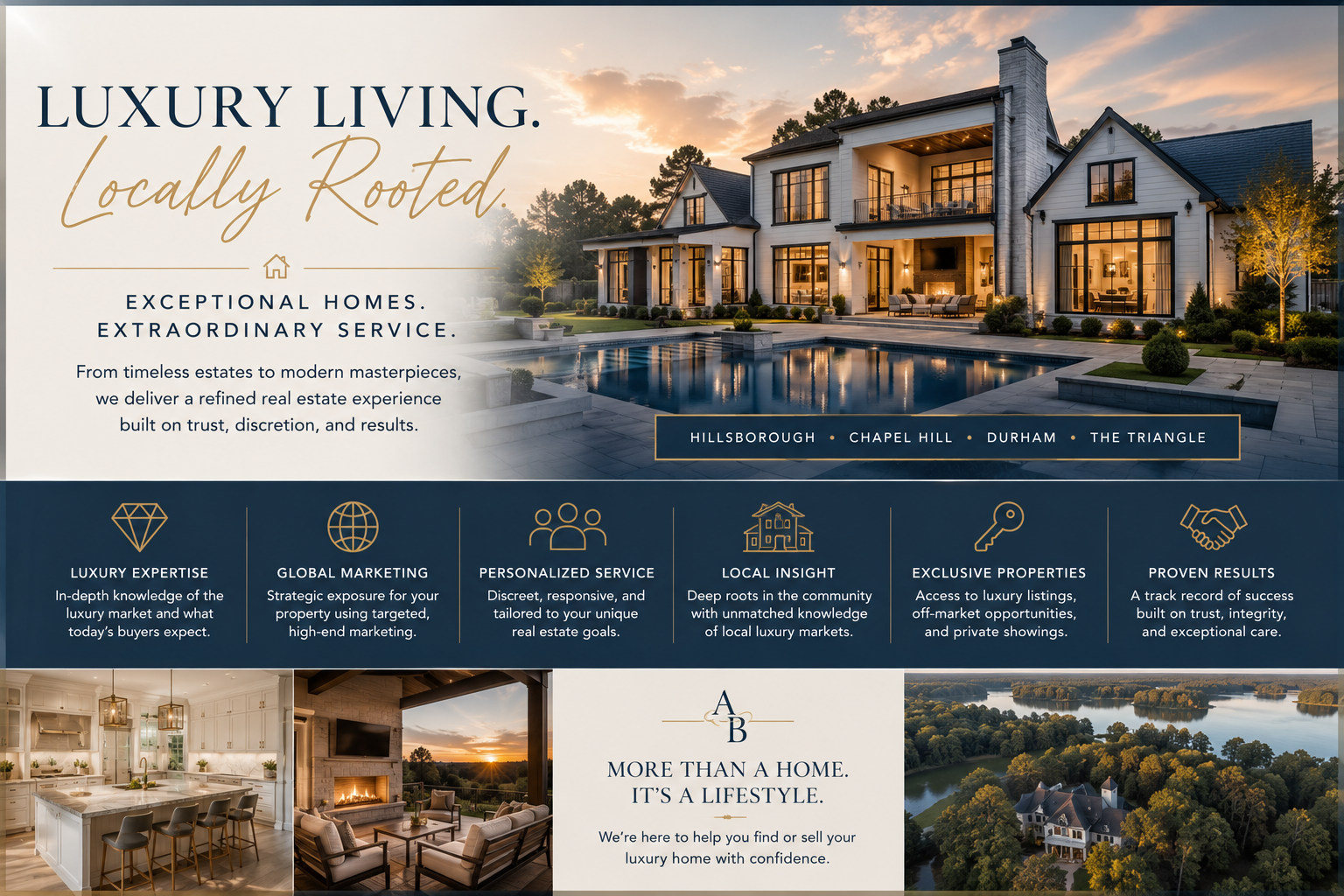Explore luxury homes in Hillsborough NC and the Triangle with Above & Beyond Realty. From custom estates to modern retreats, we provide elevated service, local expertise, and strategic marketing.