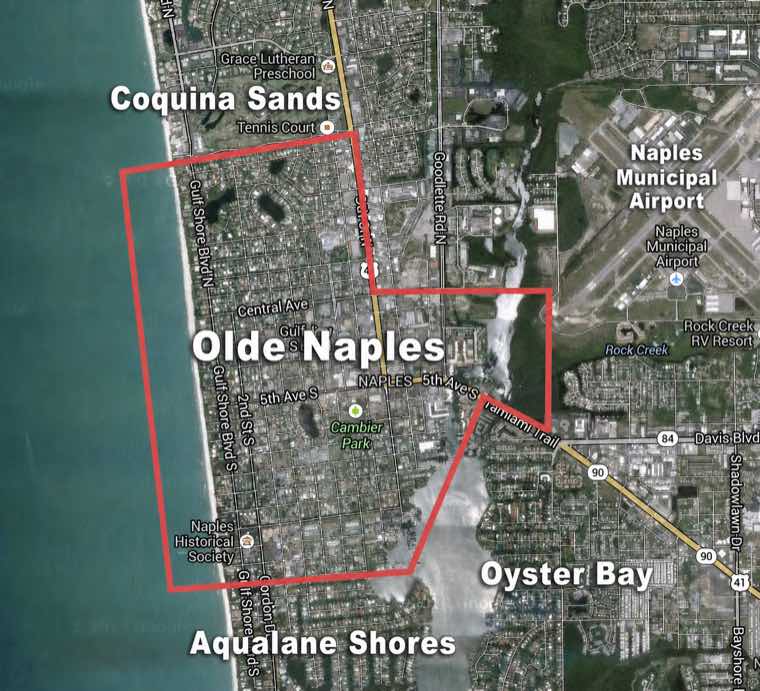 Olde Naples Florida Aerial View Aerial satellite view of Olde Naples Florida showing downtown Naples Fifth Avenue South Third Street South and Gulf coastline